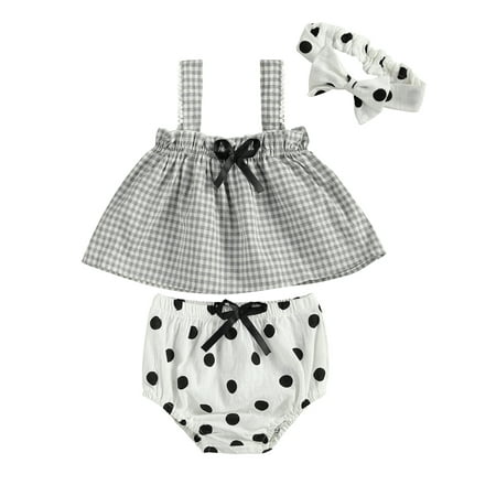 

BrilliantMe 3Pcs Baby Girls Summer Outfits Set Plaid Tank Tops Shorts Hairband Light Gray 6-12 Months
