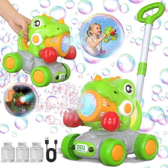 JoyStone Automatic Bubble Machine Toys for Toddlers, Push & Handheld Bubble Lawn Mower with Lights, Rechargeable Bubble Blower Toy for Kids Ages 3–6, Green