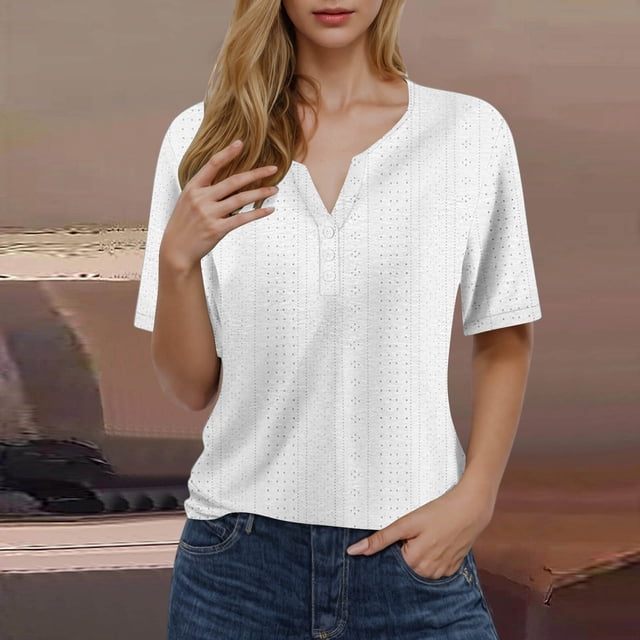 Womens Tshirts V Neck Short Sleeve Top Eyelet Embroidery Summer Loose Button Front Short Sleeve T Shirts