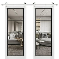Sturdy Double Barn Door 36 x 80 inches | Lucia 2466 White Silk Clear Glass | Stainless Steel 13FT Rail Hangers Heavy Set | Solid Panel Interior Doors