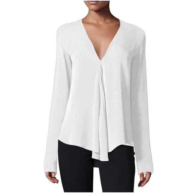 Timegard Womens Long Sleeve Tops V-Neck Solid Color Flowy Tshirts Fall Casual Tunic Tops for Leggings