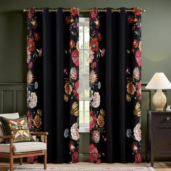 Floral Blackout Curtains With Vibrant Retro Vintage Flower Print Drapes For Bedroom Living Room Window Curtains Room Darkening Set With Grommet Black 42"W x 84"L (Pack of 2)