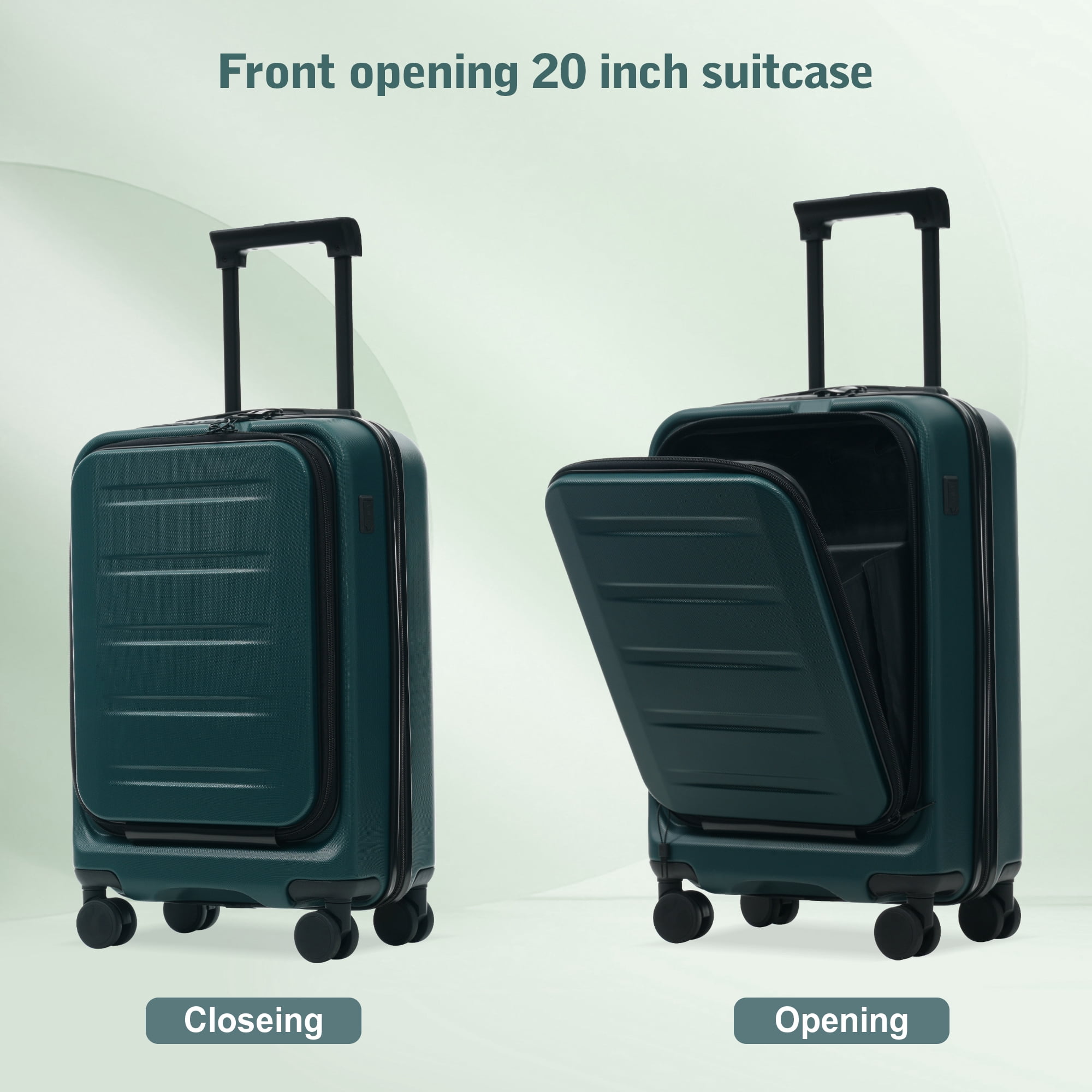 Euroco 5 Piece Front Opening Luggage Sets, Hardside Expandable Carry On Suitcase Set with USB Port,TSA Locks, Spinner Wheels and 2 Bags,Lightweight Travel Luggage for Men Women(20"/24"/28"),Green