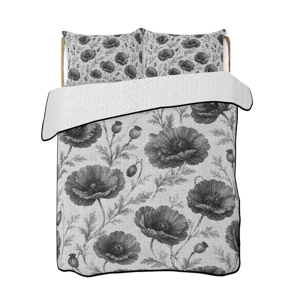 Country Floral Quilts Bedding Set Full Size Grey Black Poppy Leaf Vintage Botanical Linen Lightweight Quilted Bedspread 3 Piece Bed Quilt with 2 Pillow Shams All Season for Bedroom 68" x 98"