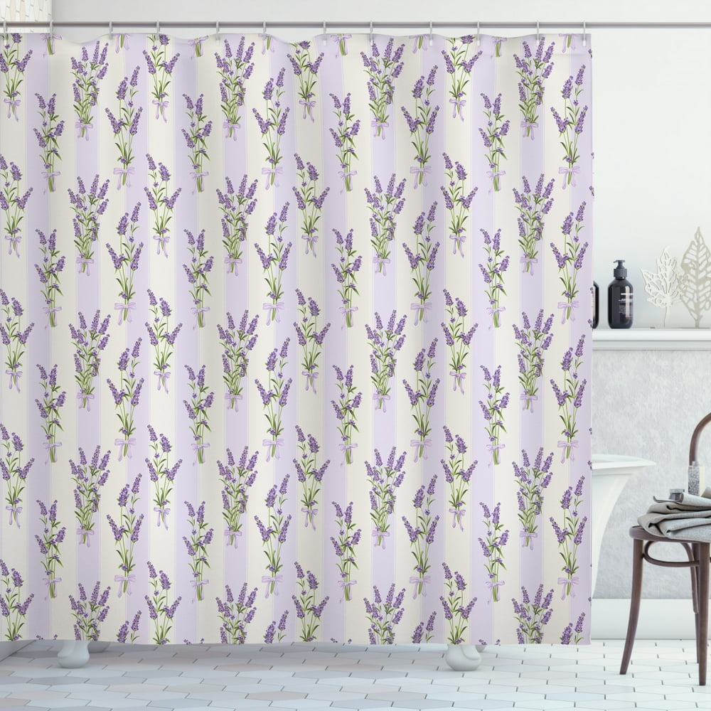 Lavender Shower Curtain, Stripes and Flowers with Ribbons Romantic
