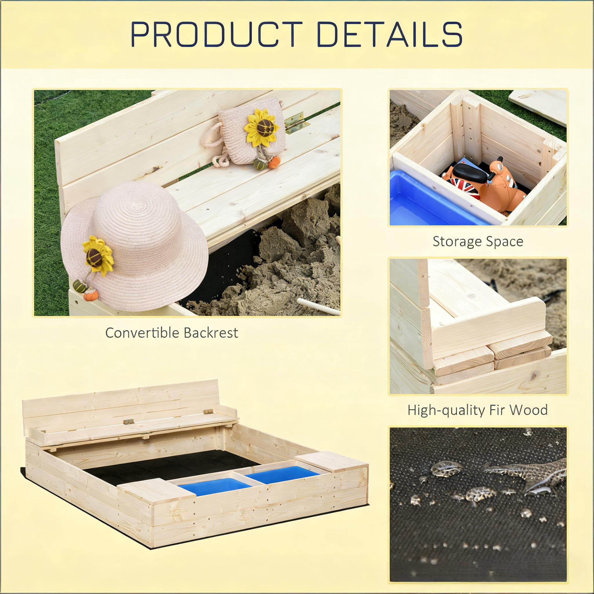 Children Wooden Sandbox with Backrest Bench, Foldable Seat, 2 Buckets & Storage Boxes, Bottomless Fir Wood Sand Pit with PE Cover for Outdoor Backyard, Ages 3-7