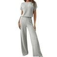 thumbnail image 2 of BYHONG Women's Two Piece Knit Matching Outfits Crew Neck Slit Hem Tee and Pants Tracksuit Sets Features: Grey L, 2 of 7