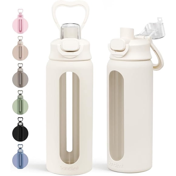 Botella de Agua SANDJEST de Vidrio 700 ml con Funda de Silicona Crema