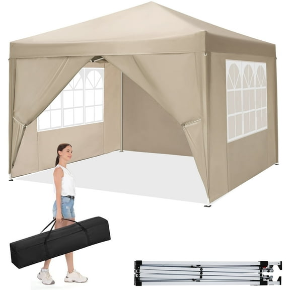 SANOPY 10'x 10' Pop up Canopy 1 Person Setup Canopy Portable Outdoor Party Instant Shelter with 4 Removable Sidewalls & Carrying Bag for Wedding Picnics Camping, Khaki