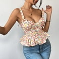 thumbnail image 2 of Women's Ditsy Floral Camisole Vintage Print Shirt Plunge V Neck Tank Tops Fishbone Waist Cami Ruffle Pleated Top Bow Knot Sleeveless Summer Babydoll Shirt, 2 of 8