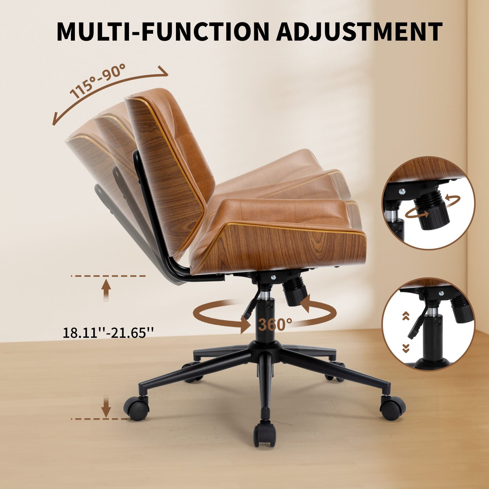 X Xishe Home Office Desk Chair with Wheels, Adjustable Height Armless Office Chair, PU Leather Mid Back 360° Small Computer Chair, Modern Chair No Arms for Office, Reading Meeting Room, Camel