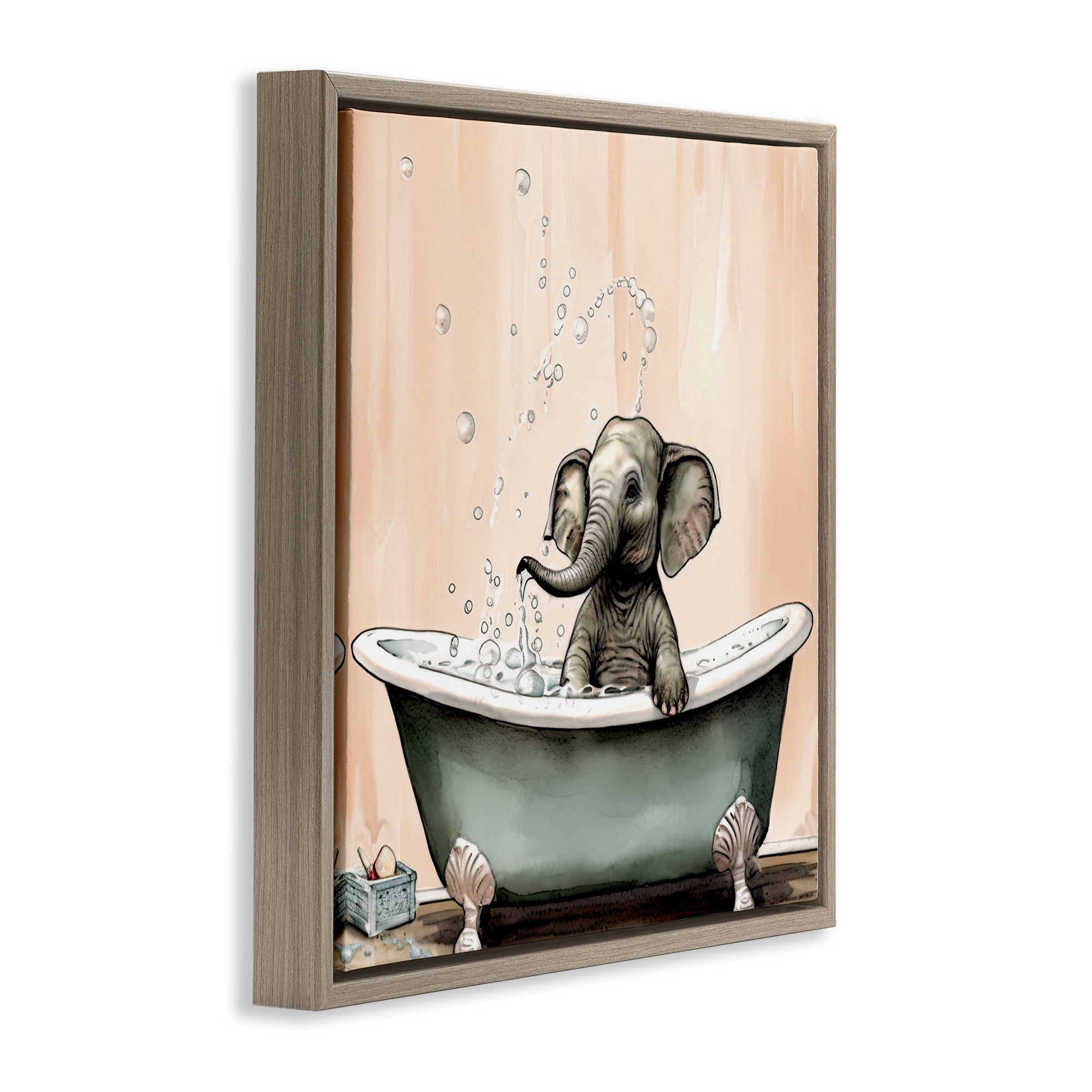 Baby Elephant Bubble Bath Brown Framed Floater Canvas Wall Art, design by Sasha