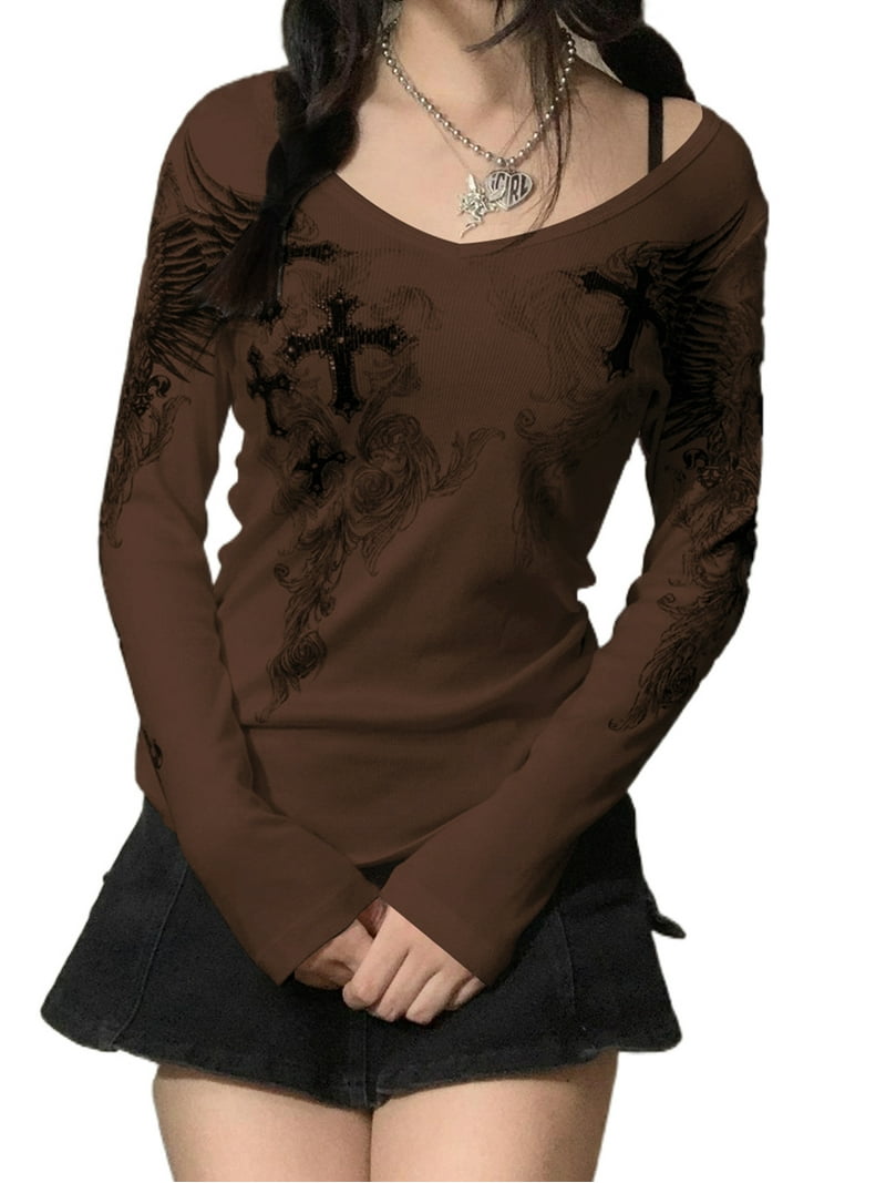 2000s Aesthetic T Shirt Graphic Cross Wings Print Long