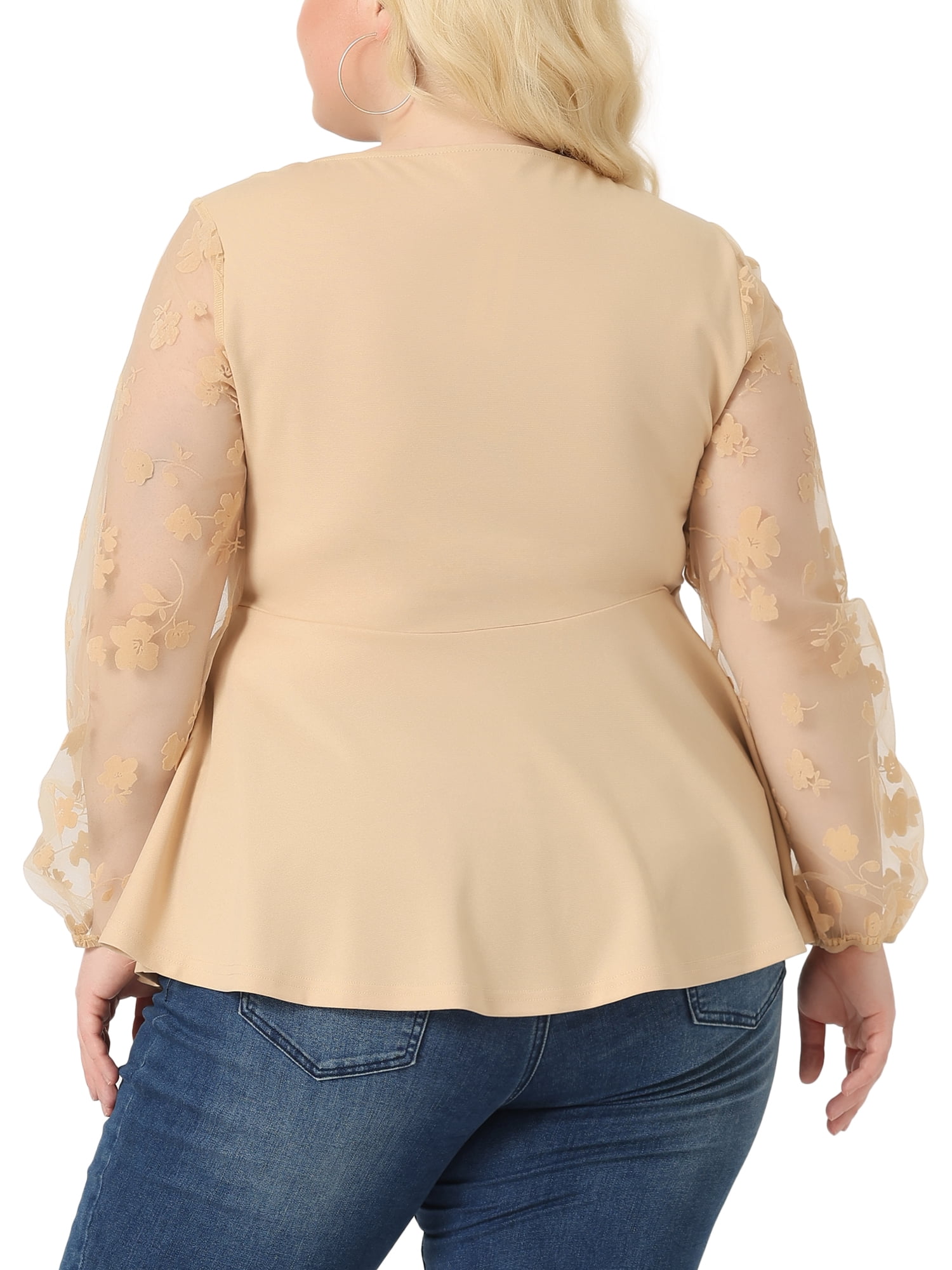 Unique Bargains Women's Plus Size Panel Heart Sheer Mesh Long Sleeve Shirts Blouses 2X Beige