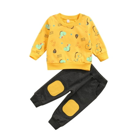 

Canrulo Toddler Baby Boys Girls Fall Outfits Cartoon Dinosaur Letters Printed Pullover Tops+Pants Infant Clothing Yellow 1-2 Years