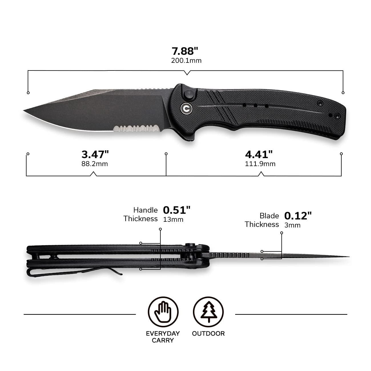 CIVIVI Cogent Button Lock C20038E-1 Knife 14C28N Serrated Stainless & Black G10 Pocket Knives
