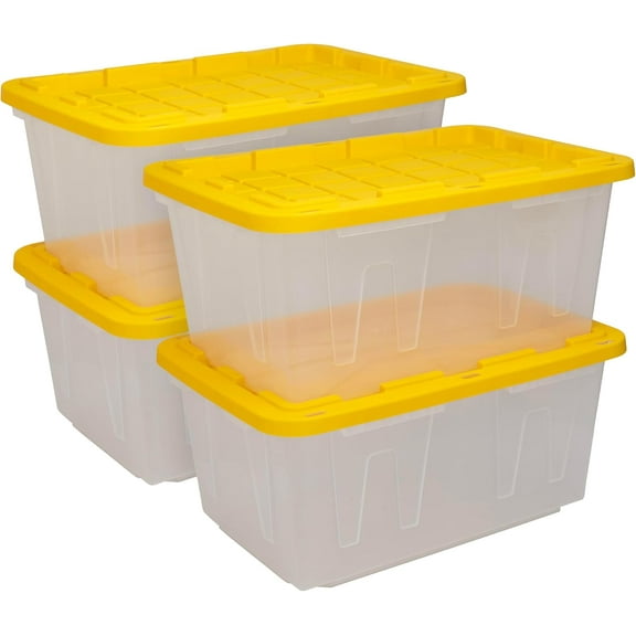 CX BLACK & YELLOW, 27-Gallon Heavy Duty Clear Storage Container & Snap-Tight Lid, Clear & Yellow (14.3"H x 20.6"W x 30.6"D), Weather-Resistant, Stackable, See-Through Organization Tote [4 Pack]