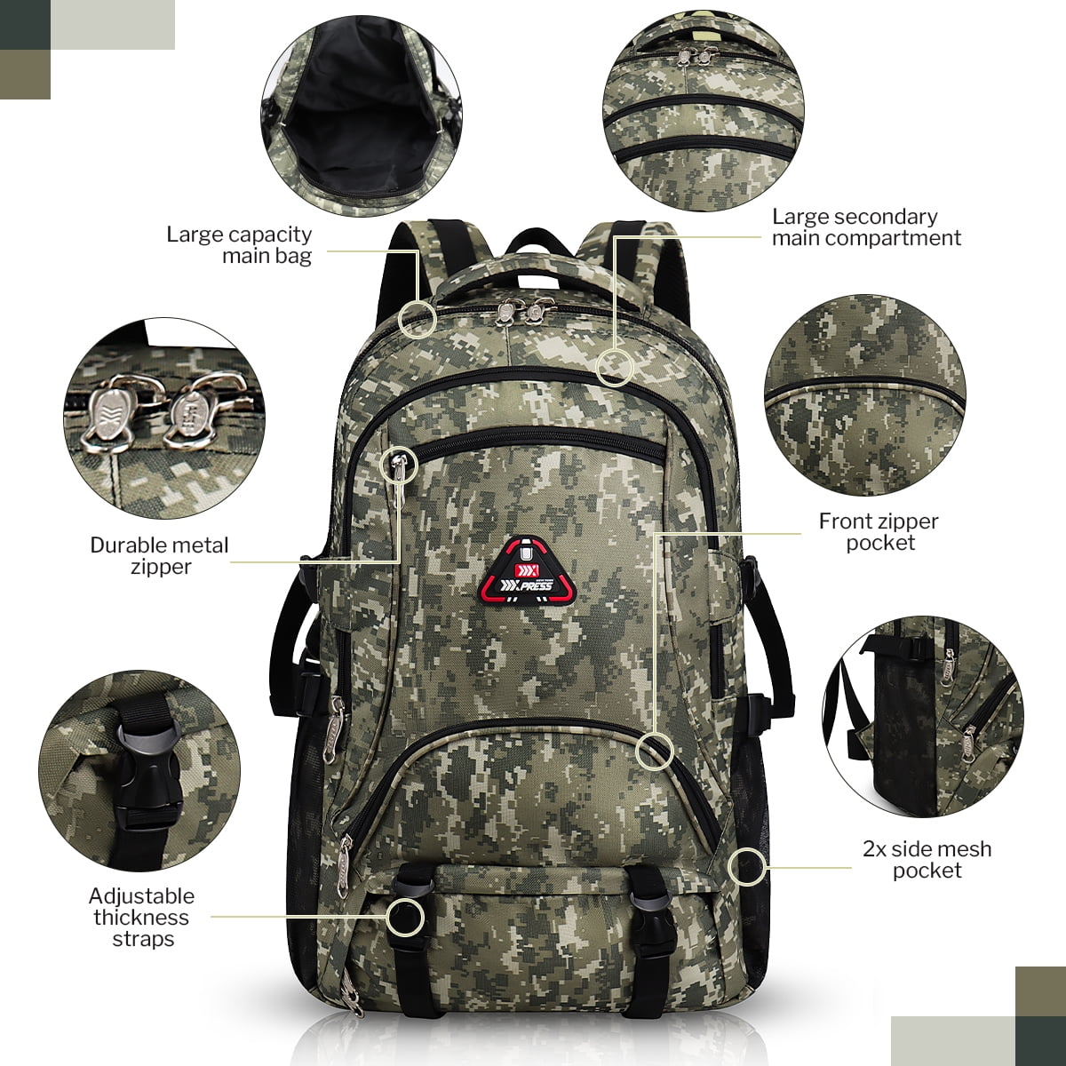 New York Xpress Camo Backpack for Adults 40L Multi-Pocket Backpack for Travel Work Hiking, Light Khaki - BP8023