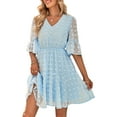 thumbnail image 3 of Blotona Women Midi Dress Short Sleeve V Neck Jacquard Solid Summer Dress for Casual Daily, 3 of 9