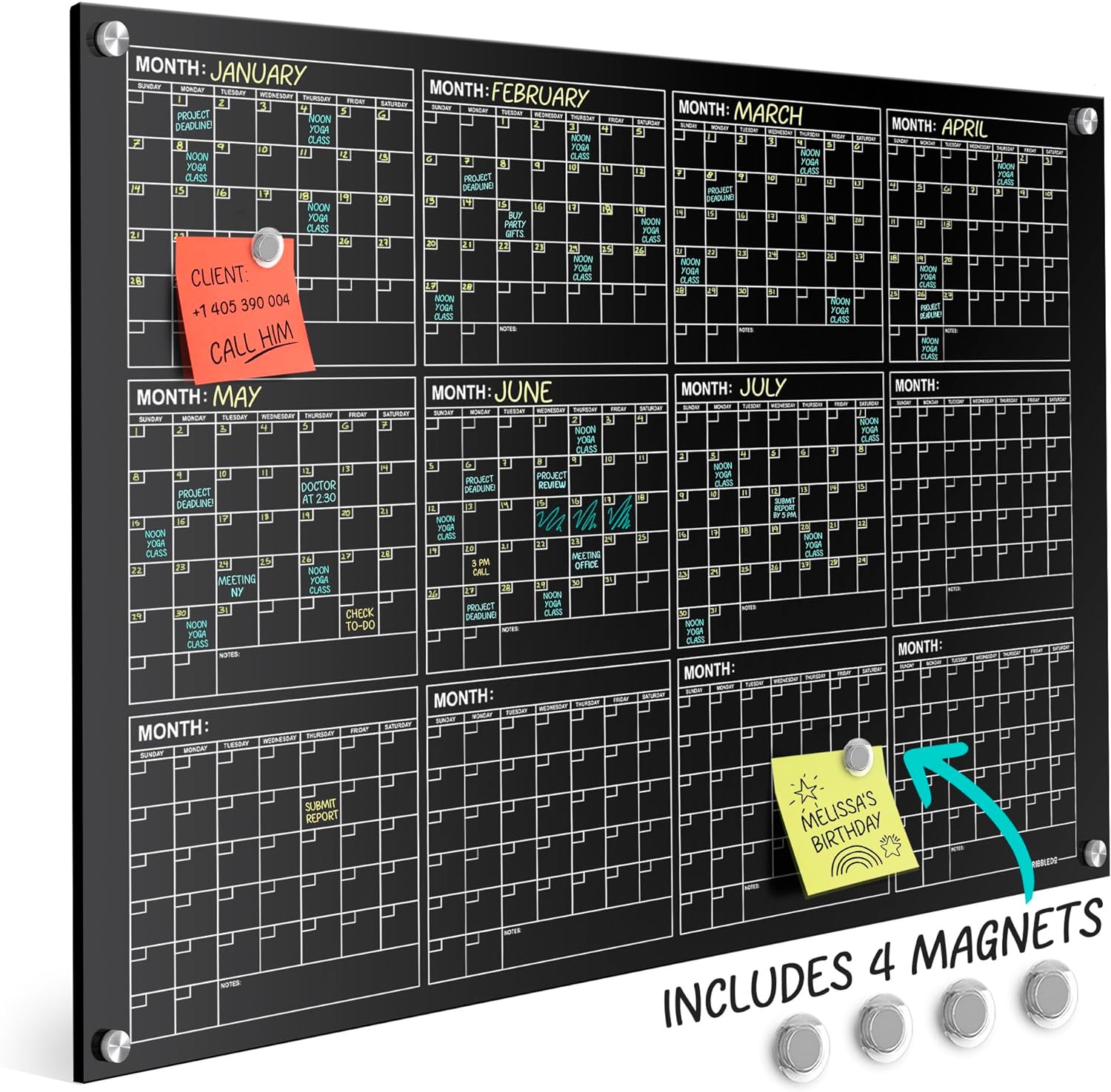 Black Magnetic 34”x46” Glass Whiteboard Yearly Calendar Planner White Board Calendar Dry Erase Board Dry Erase Calendar for Wall Monthly Glass Calendar Whiteboard Home Office Large Wall Calendar