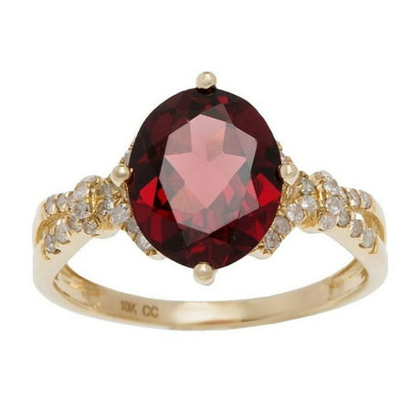 Oval Faceted Garnet Ring - 10k Yellow Gold 2.30ct Oval Garnet and Diamond Ring (1/6 cttw)