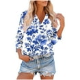 thumbnail image 2 of CYMMPU Floral Printed 3/4 Length Sleeve Summer Fall Vintage Shirts Basic Tees Business Work Blouses V-Neck Plus Size Tunic Tops 2025 Clothes for Women Blue M, 2 of 8