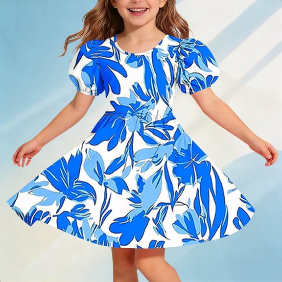 Amidoa Girl Dresses Skater Short Sleeve Twirl A-Line Dress Casual Summer Sundress for Kids Blue Size 12