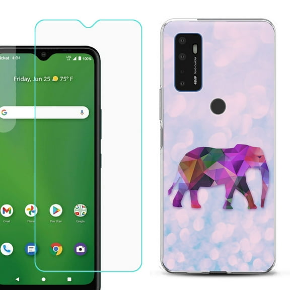 Slim-Fit Gel TPU Phone Case for Cricket Dream 5G, with Tempered Glass Screen Protector, by OneToughShield ® - Elephant /Polygon