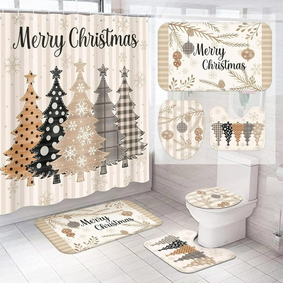 4 Pcs Dachshund Christmas Shower Curtains set Xmas Bathroom Set, Merry Christmas Shower Curtain with 12 Hooks Non Slip Rug Toilet Lid Cover and Bath Mat for Dog Xmas Winter Holiday Supply