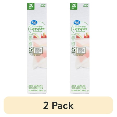 (2 pack) Great Value 25% Plant-Based Compostable Gallon Food Storage Bags, 20 Count