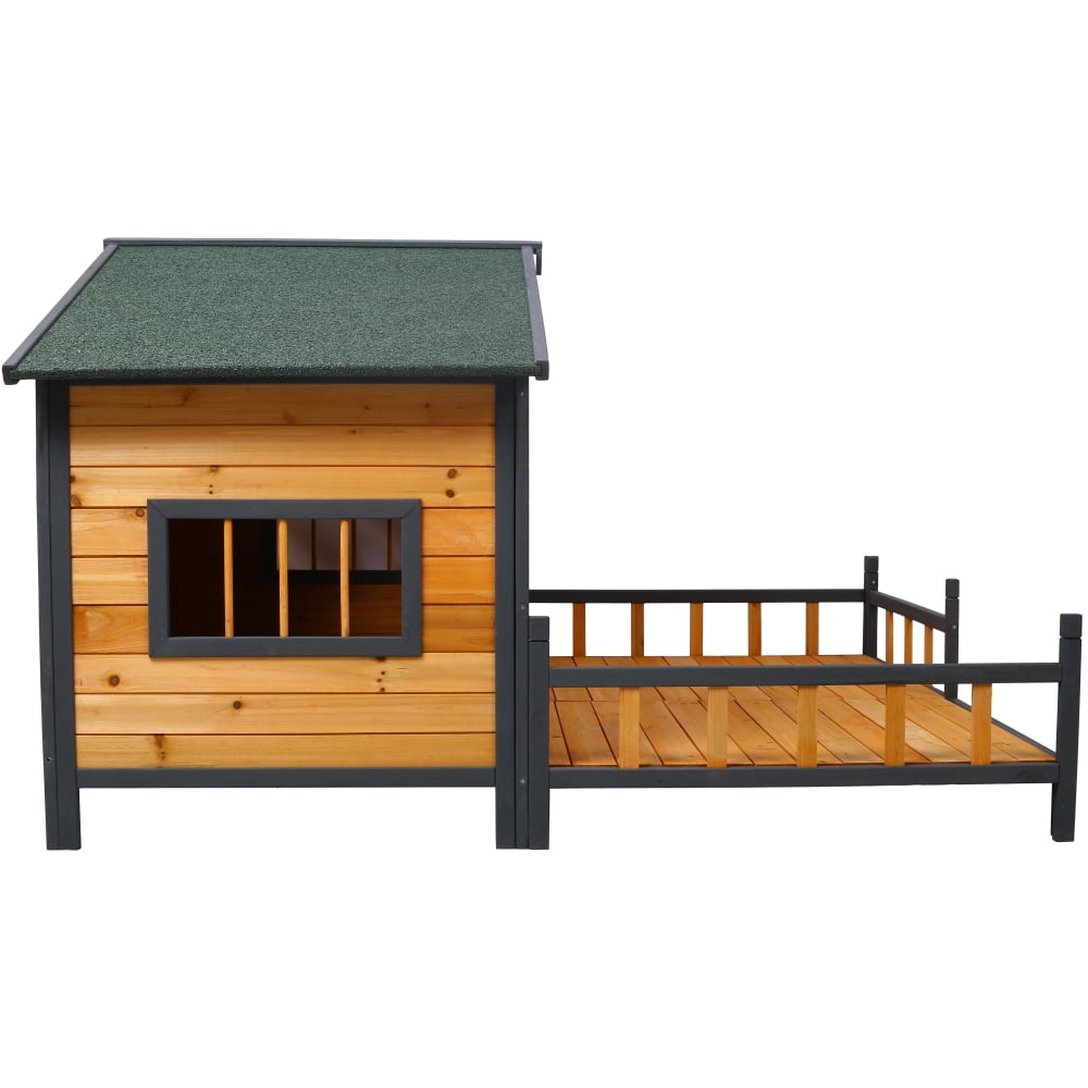 Natural Wooden XL Outdoor Dog House with Elevated Floor & Porch, Weatherproof Kennel for Small to Medium Dogs