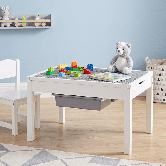 PAWON Kids 2-in-1 Activity Table with Building Brick Board and Storage, White
