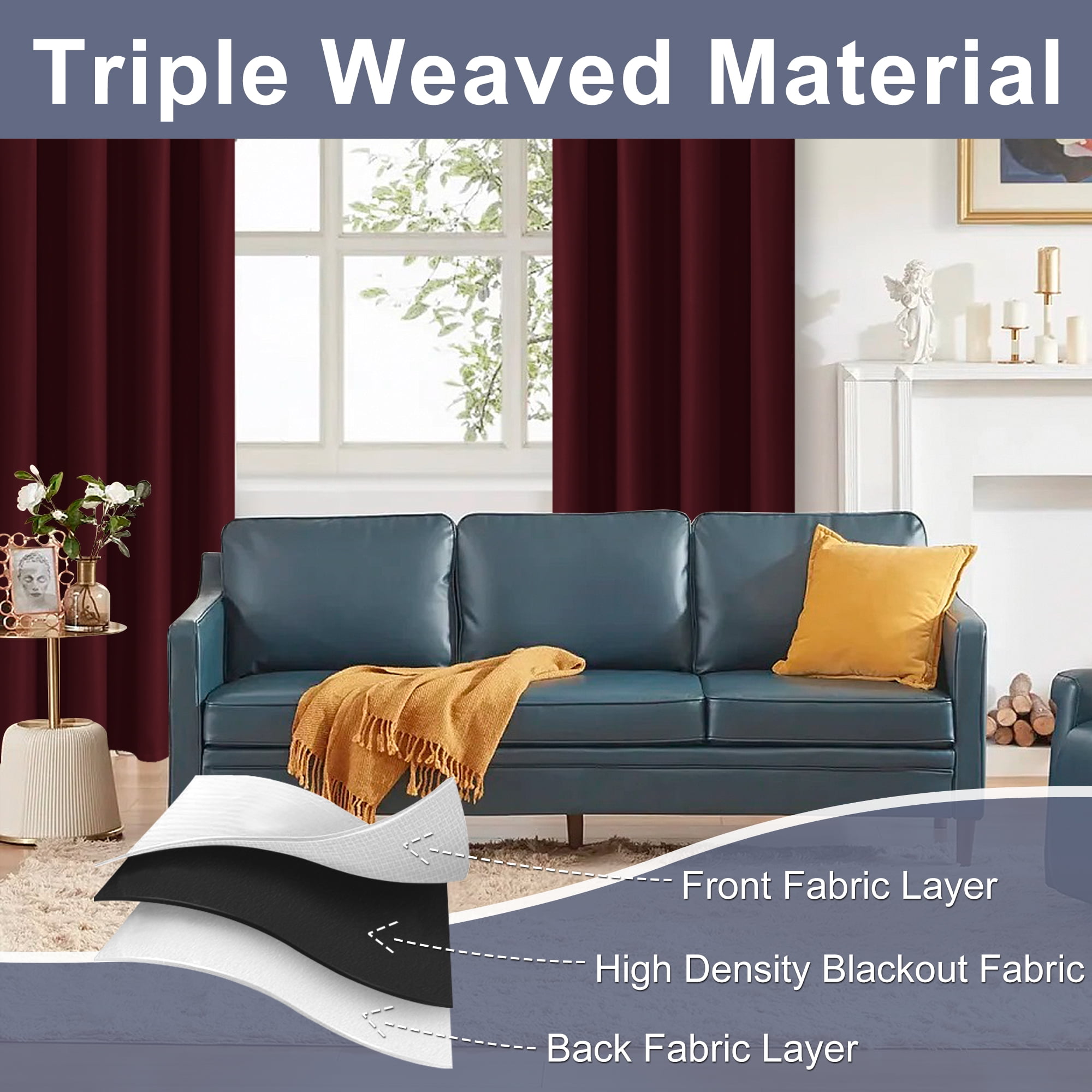 JIUZHEN Blackout Curtains for Bedroom & Living Room - Thermal Insulated Noise Reducing with Tie Backs, Room Darkening Rod Pocket Window Curtains, Set of 2 Panels, 42 x 84 Inch Length, Burgundy