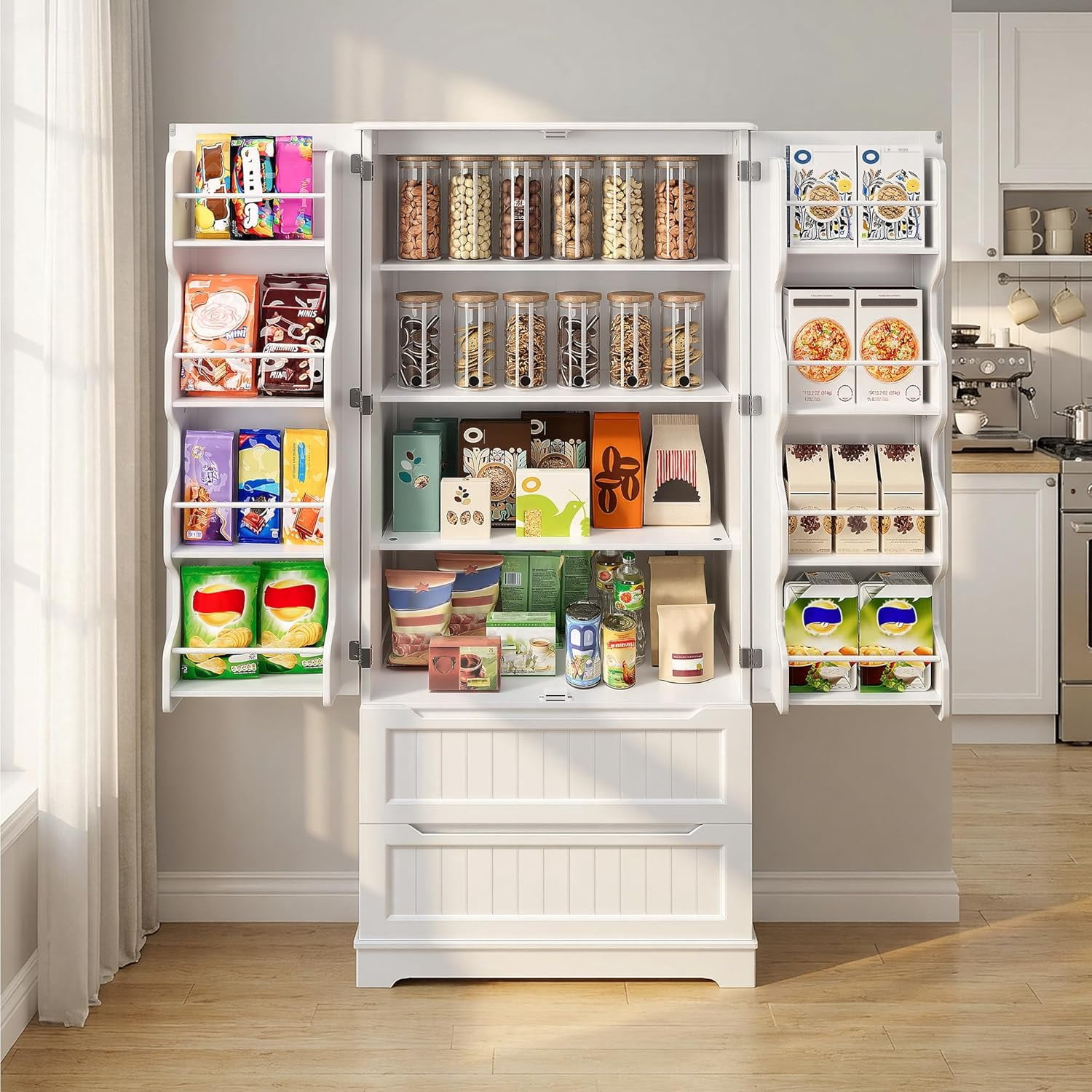 71" Tall Kitchen Pantry Cabinet with Drawers for Dining Room, Noelse Food Pantry Storage Cabinet with 8 Door Shelves for Snack and Spice, Large Craft Storage Cabinet for Craft Room, White, Painted