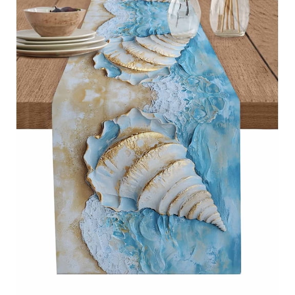 Coastal Conch Table Runner 90 Inches, Summer Beach Seaside Nautical Blue Bed Runner Dresser Scarves Tabletop for Indoor Outdoor Parties/Ceremony/Banquet, 13" x 90"