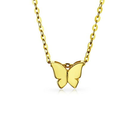 14k Yellow Gold Butterfly Pendant - Tiny 14K Yellow Real Gold Station Garden Butterfly Pendant Necklace For Women For Teen