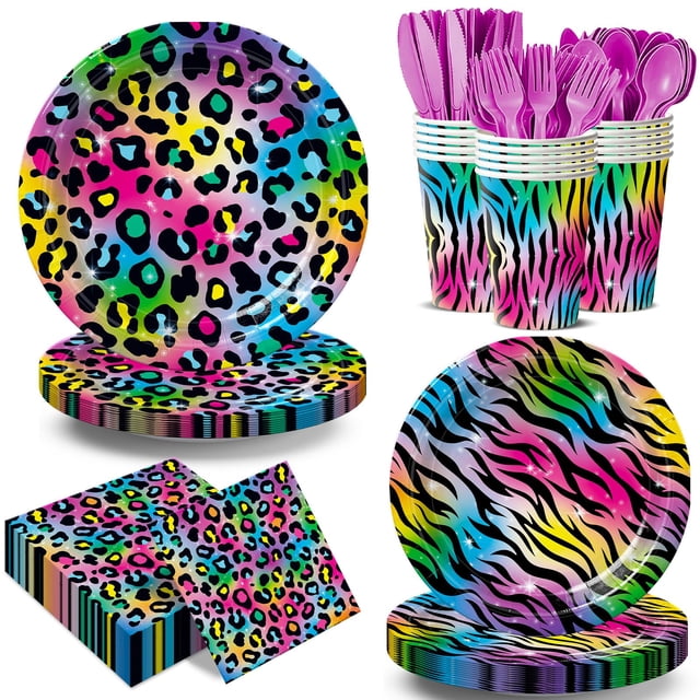 Juego de vajilla para fiesta Elzoviran estampado neón de leopardo, 168 piezas