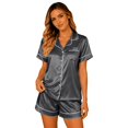thumbnail image 2 of Cozy Couple Pajamas Set Short Sleeve Collar Button Down Tops with Side Slit Short Pants Sleepwear for Women Grey,XL, 2 of 7