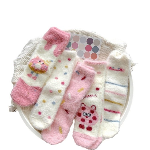 5 pares de calcetines cálidos de dibujos animados, calcetines de tubo medio para mujer, nuevos calcetines de felpa de visón para mujer