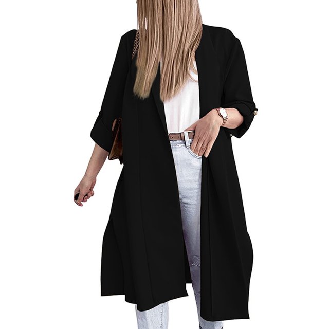 SAYOO, gabardina abierta por delante para mujer, cárdigan largo de manga 3/4 informal holgado de Color sólido para ropa de calle de otoño SAYOO moda