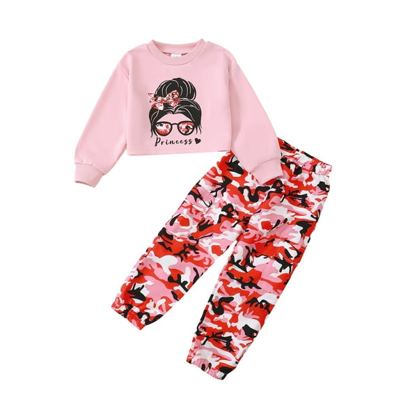 KIMI BEAR 6Y Little Girls Winter Outfits 7Y Little Girls Warm Clothes Sets Round Neck Long Sleeves Pullover Top Cute Girls Print Short Top Camouflage Pants 2pcs Pant Sets Pink