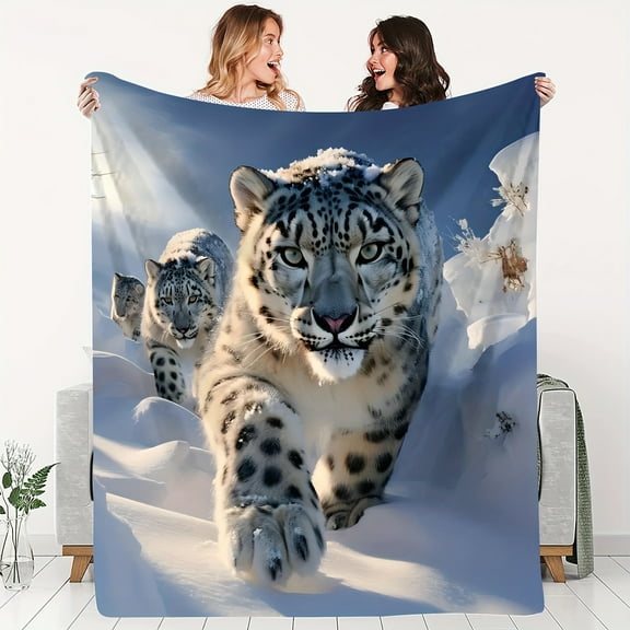 200-250g Lightweight Snow Leopard Playful Pattern Throw Blanket, Soft Fleece Flannel Cozy Wrap for All Seasons, Animal Themed Knitted Polyester Digital Print Decorative Throw