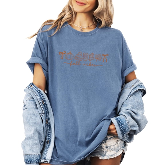 Trendy Fall Vibes Shirt For Women and Teens Pumpkin, Coffee, Leaf & Fall Things Graphic T-Shirt Blue Jean Shirt Adult Medium