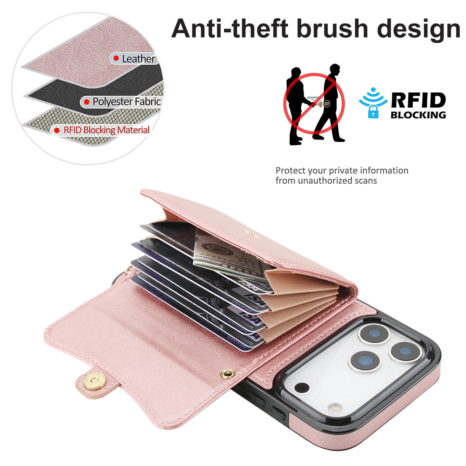 Wallet Case with 8 Card Slots & Cross Body Strap for iPhone 17 Pro - Rose Gold