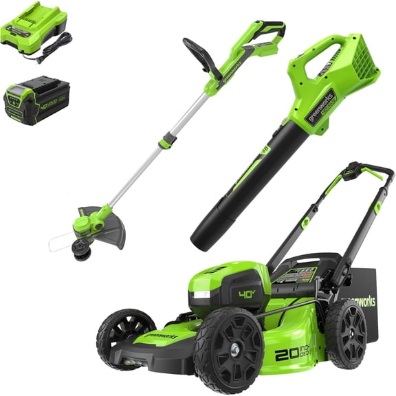 Greenworks 40V 20" Cordless Battery Push Lawn Mower, 13" String Trimmer and 350 CFM Leaf Blower with 4.0Ah Battery and Charger