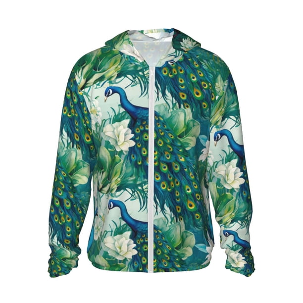 Fotbe Peacock And Flowers Chaqueta con Protección Solar UPF 50+ para Hombre y Mujer, Camisa con Capucha y Bolsillos-X-Large