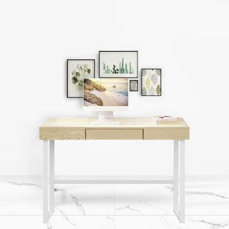 Writing Tables With Drawers iKayaa Modern Metal Frame Computer Desk Table with Drawer Home Office Study Writing Desk Computer Workstation Furniture 120KG Capacity ()