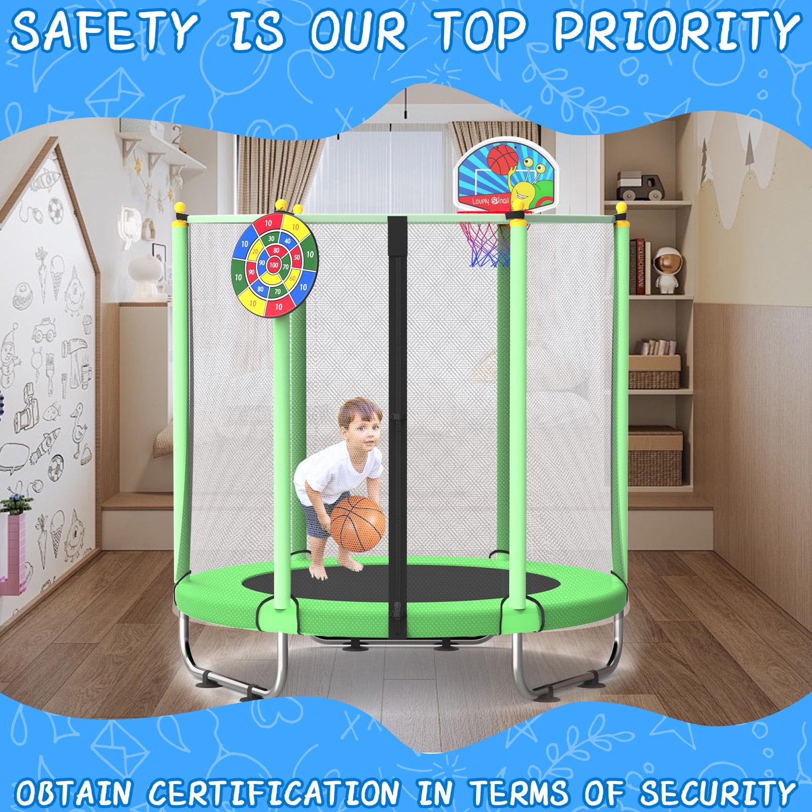 ACWARM HOME 5FT Toddler Trampoline For Kids 60" Mini Size Indoor&Outdoor With Safety Net Gift for Boys & Girls 440Lbs,Green