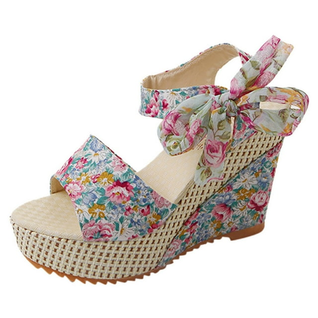 Sandales pour Femmes Design Floral Lacets Talon Compensé Chaussures à Plateforme Élégantes pour Confort et