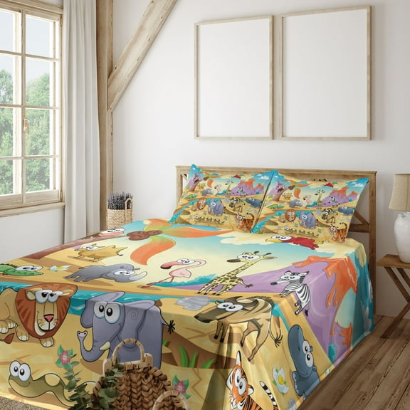 Ambesonne Colorful Fitted & Top Sheet Set with Shams, Nature Beasts Hippo, Multicolor